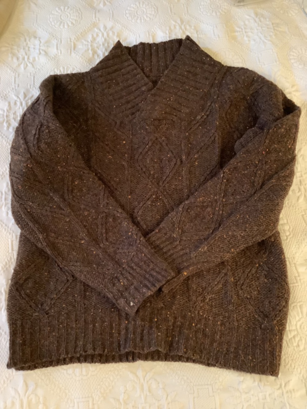 Hand knit. Irish Fisherman Sweater high Vneck  Collar  Dark Chocolate  W/Flecks